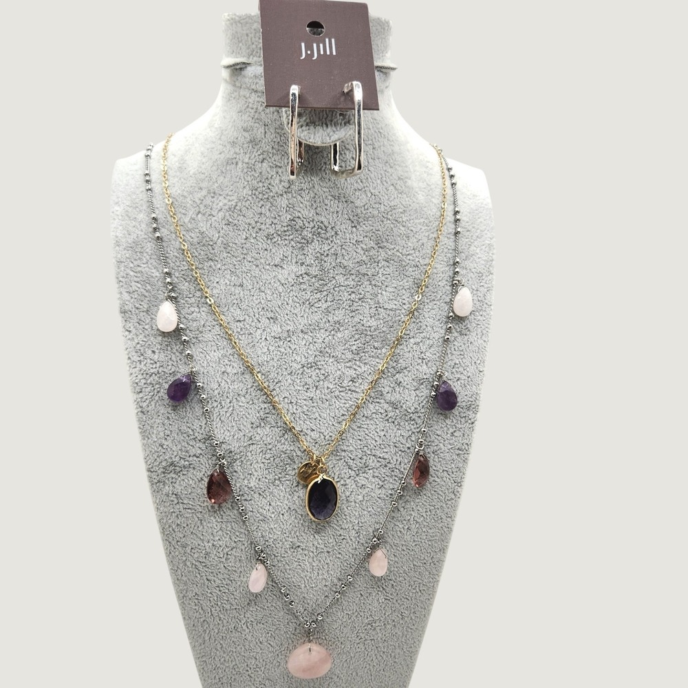 Boho Layered Necklace Earrings Set Rose Quartz Amethyst Mixed Metal by J. Jill